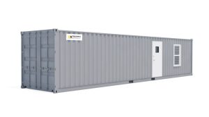 Triumph Modular Building gray shipping container with a side door, designed for versatile storage and mobile solutions.