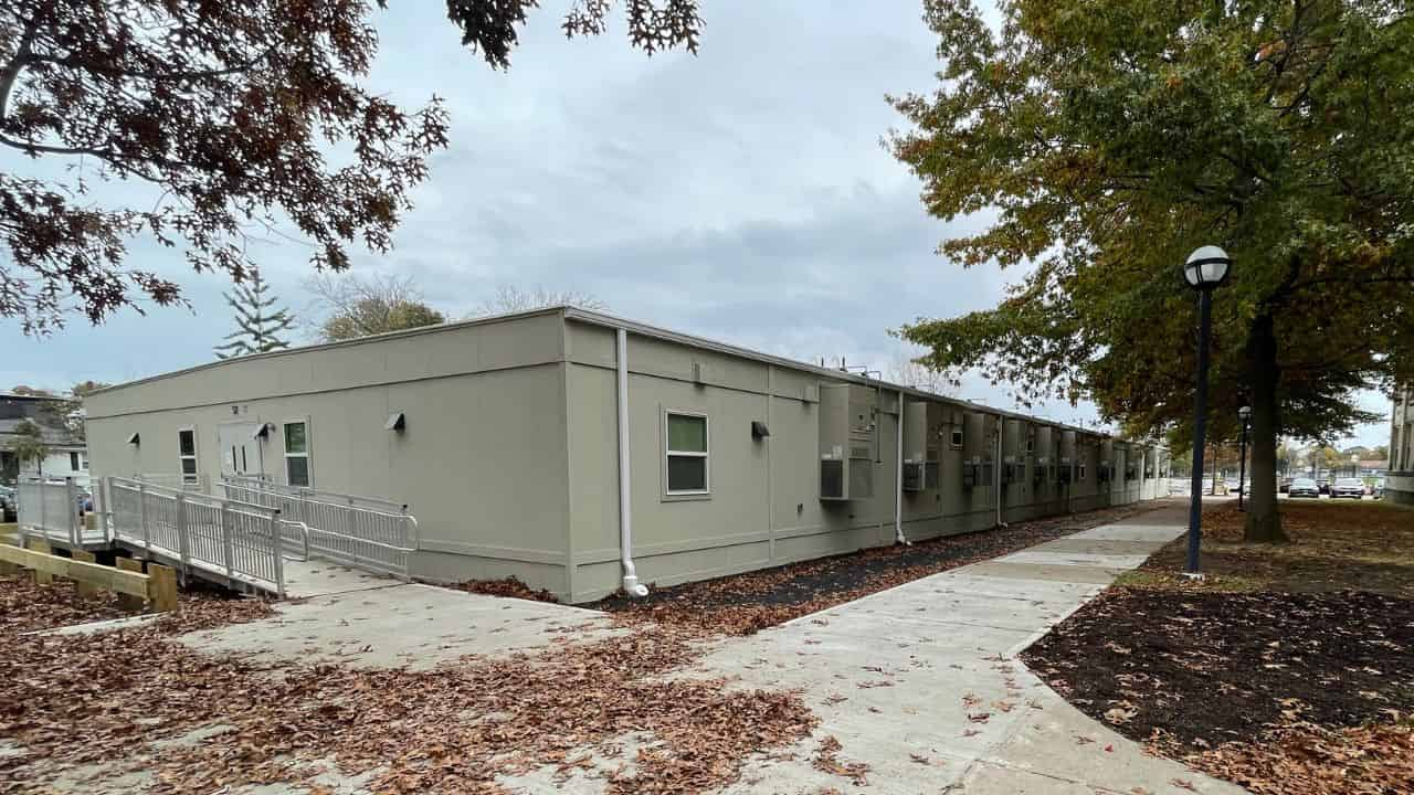 Lynn English High School exterior view with ramp