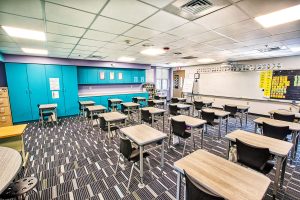 Classroom interior featuring modular construction with flexible layouts, showcasing a triumph modular design for educational spaces.