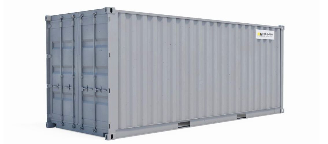 Triumph Modular Building gray shipping container with a sturdy design, ideal for storage and modular construction solutions.