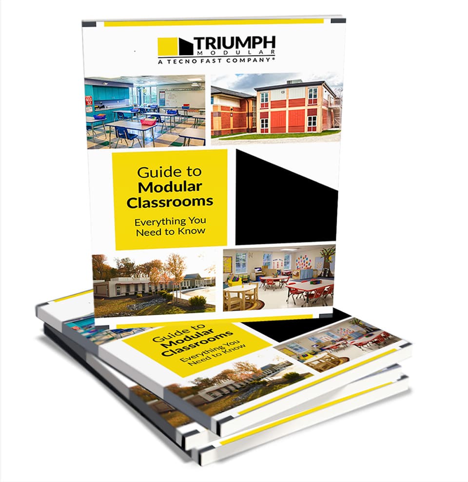 Triumph Modular Building guide to modular classrooms featuring images of various modular designs and construction options, showcasing versatility and functionality in educational settings.