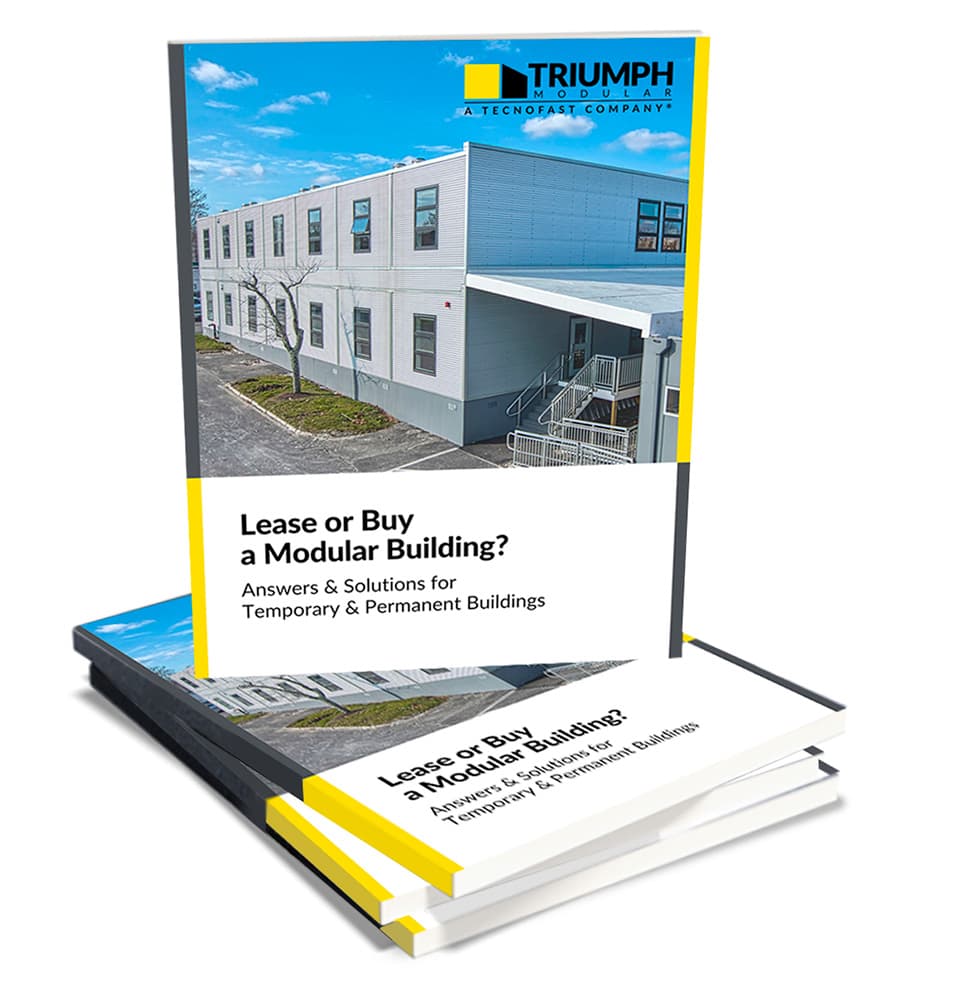 Triumph Modular Building brochure showcasing options for leasing or buying modular buildings, featuring a modern modular structure in the background.