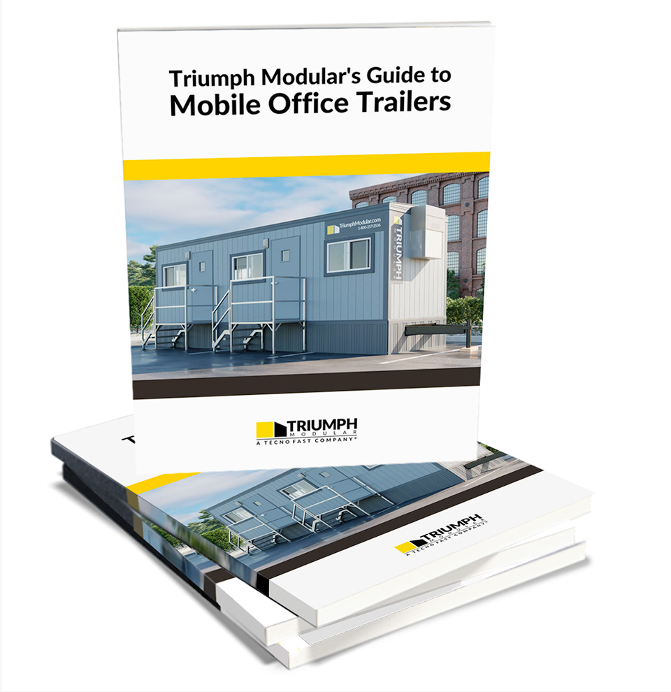 Triumph Modular Building guide to mobile office trailers featuring a detailed cover image of a mobile office trailer, designed for efficient workspace solutions.