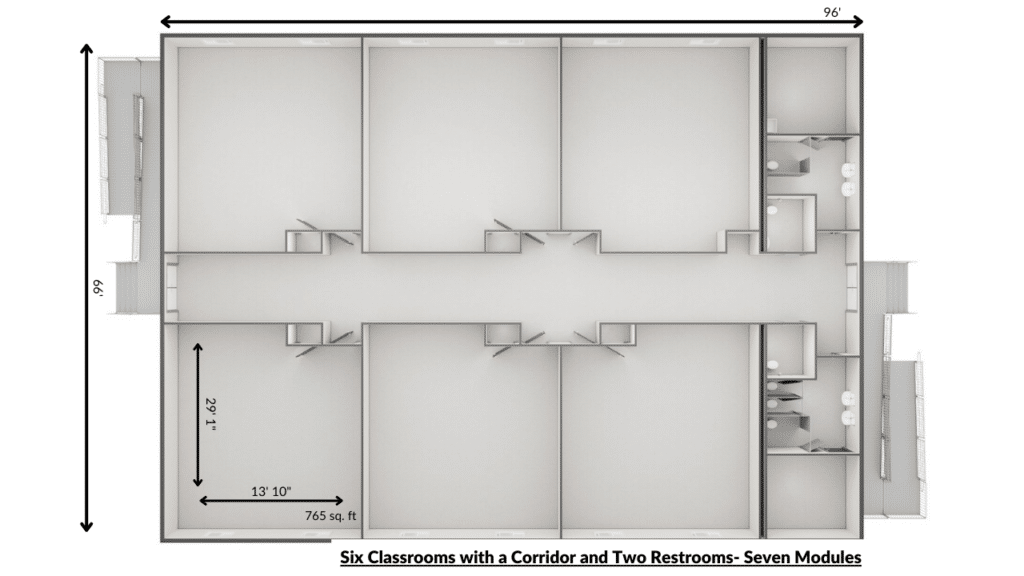 Triumph Modular Building layout design featuring six classrooms connected by a central corridor, with two restrooms included. Ideal for educational facilities and modular construction solutions.