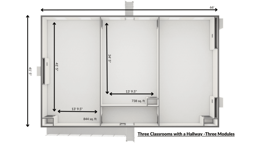 Triumph Modular Building layout showing three classrooms with a half bath, featuring dimensions for each room. The design emphasizes efficient use of space for educational purposes.