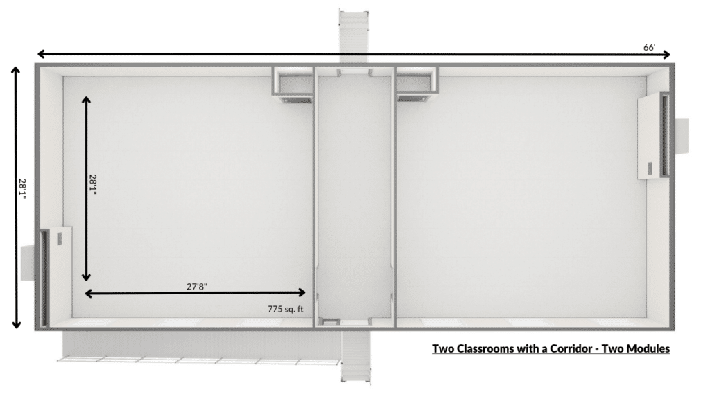 Triumph Modular Building design layout featuring two classrooms with a shared wall, dimensions labeled, showcasing an efficient use of space for educational environments.