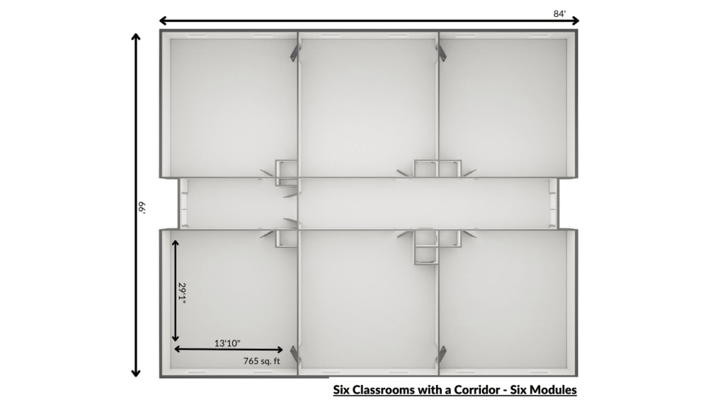 Triumph Modular Building classroom layout design featuring six classrooms with a central corridor, providing efficient space utilization and accessibility. Dimensions and specifications included for educational facility planning.