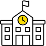 Illustration of a school building with a clock and flag, representing modular construction solutions for educational facilities. This design exemplifies triumph modular concepts in permanent modular building.