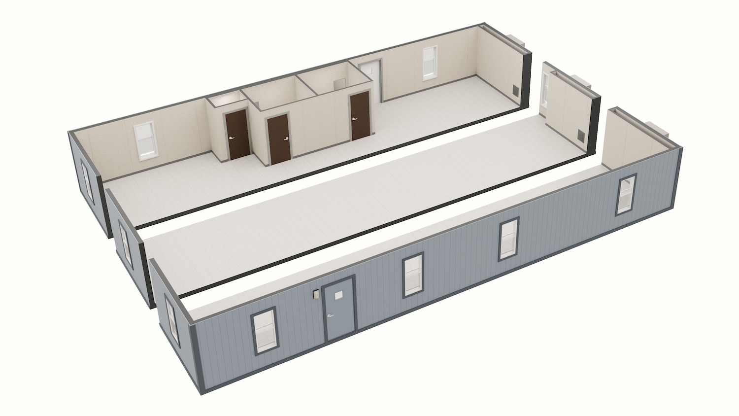 3-Piece BLOCS (Clear Span) Modular Building. Open Concept