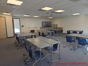 Classroom interior with desks