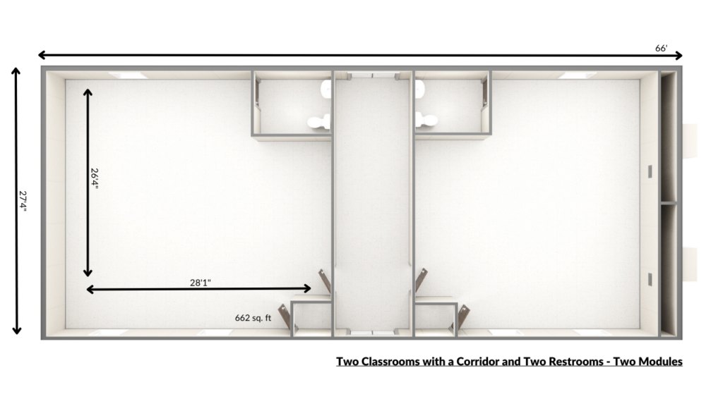 Two classrooms with a top-down view with closets and two restrooms.